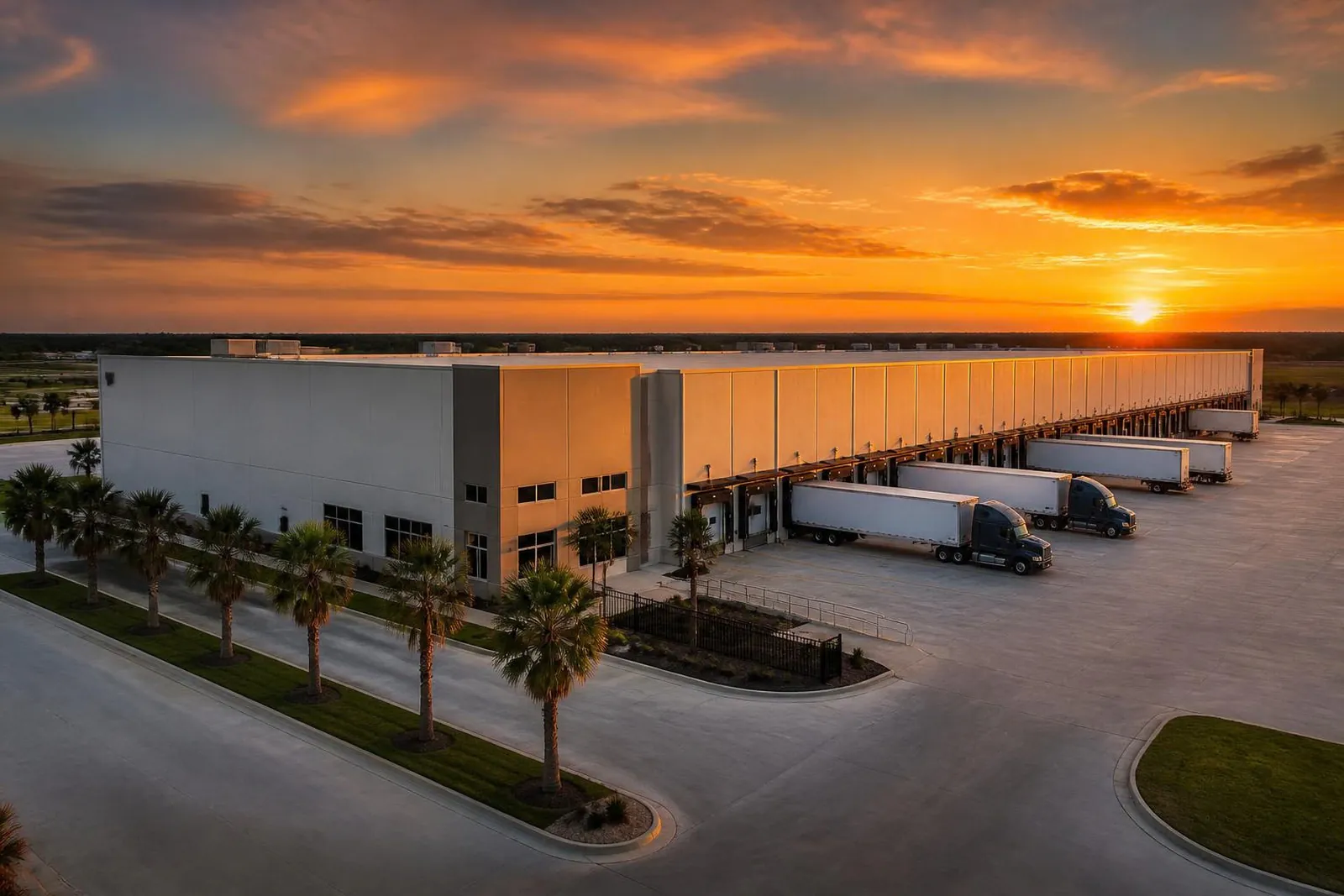 Warehouse loading docks at sunset
