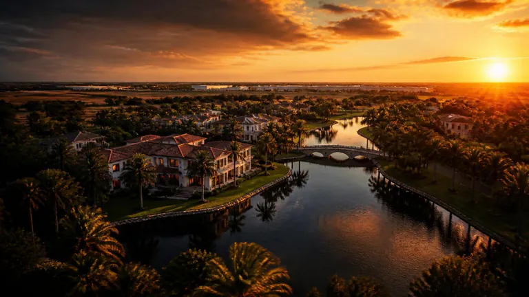 Neighborhood homes from above at sunset