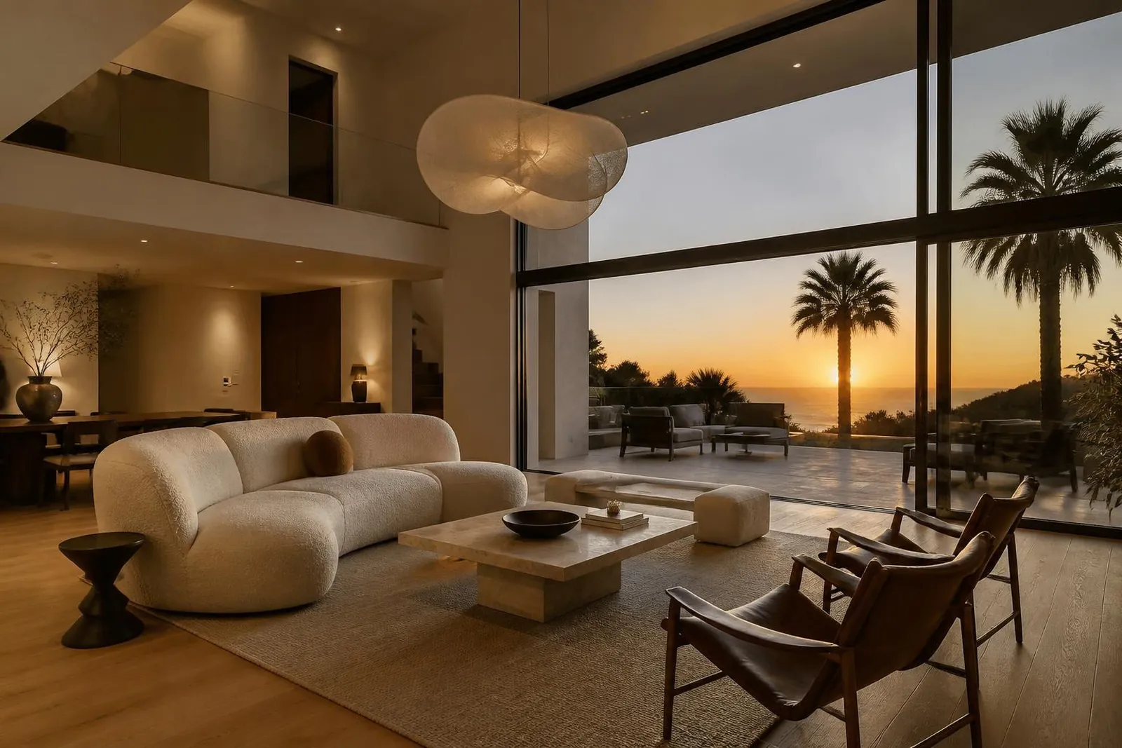 Modern living room with tall windows